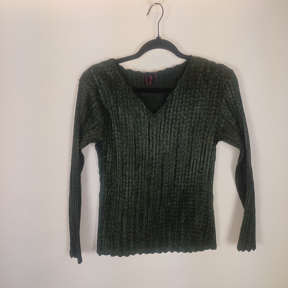 Pretty Angel Long Sleeve Blouse Women's Small Green VNeck Silk Stretch Y2K Style